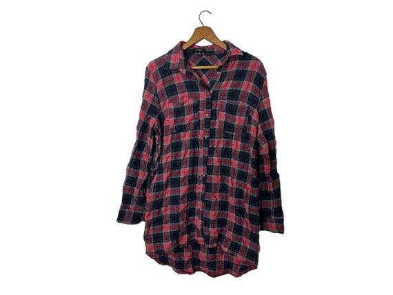 Oversized Women's Flannel Shirt Long Length Red Plaid Casual Stylish Top for Leggings Size Medium