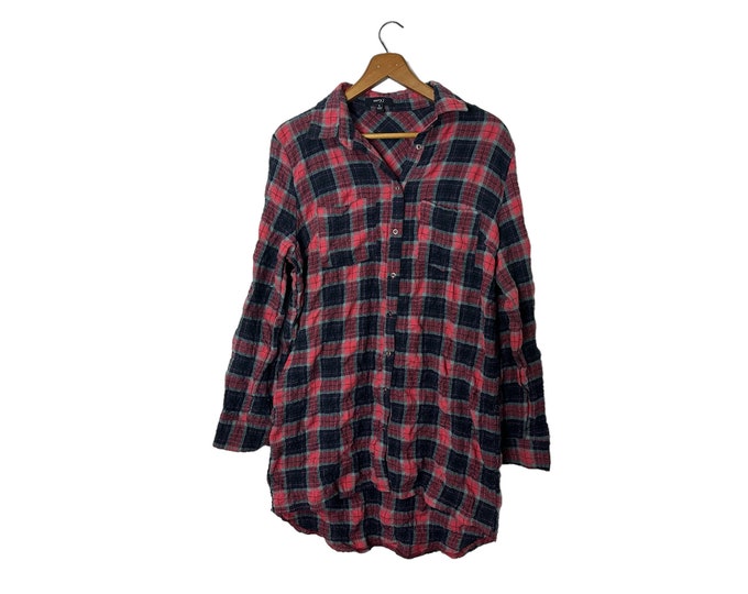 Oversized Women's Flannel Shirt Long Length Red Plaid Casual Stylish Top for Leggings Size Medium