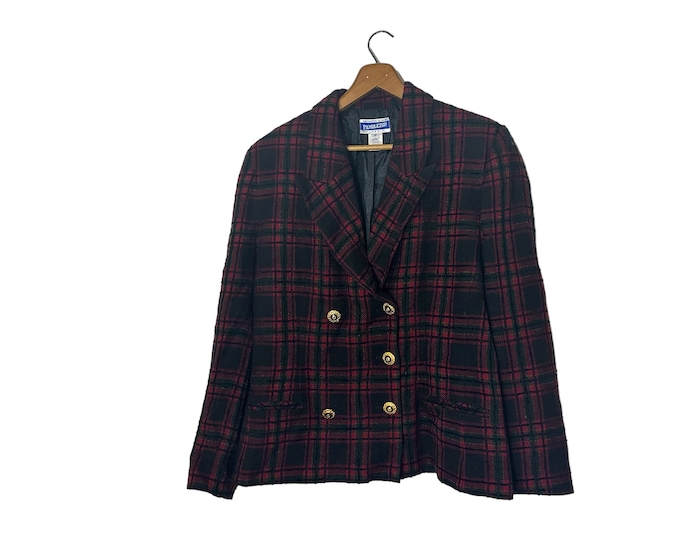 Women's 12 Pendleton Christmas Plaid Wool Blend Blazer Suit Jacket Decorative Gold Black Buttons Red Green Black Suit Dress Coat