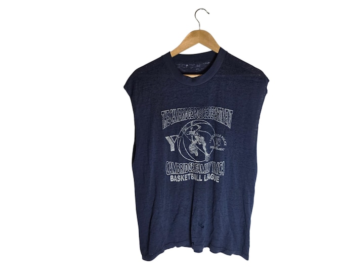 Distressed Vintage 80s Cambridge Police YMCA Basketball Sleeveless Shirt #5 Cut Off Muscle Tee Graphic Blue Size XL