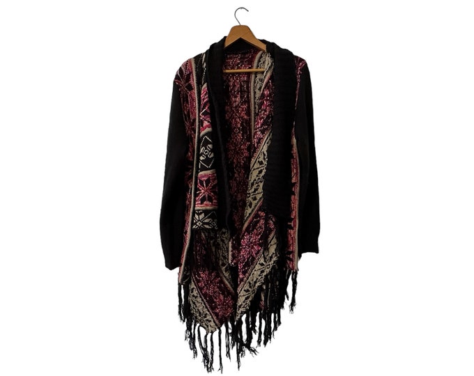 Snowflake Patterned Christmas Shawl Cardigan Sweater with Fringe Black Red Tan Blue White Women's One Size Fits All