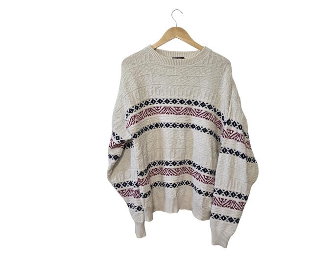 Comfy Oversized Cotton Sweater Victoria Dry Goods Vintage Pullover Soft White Navy Red Americana USA Fair Isle Knit Pullover Unisex XL