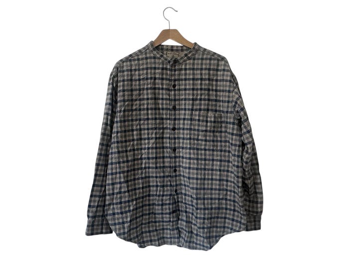 Nehru Collar Flannel Plaid Blue Beige White Northwest Territory Cotton Large Button Down Shirt