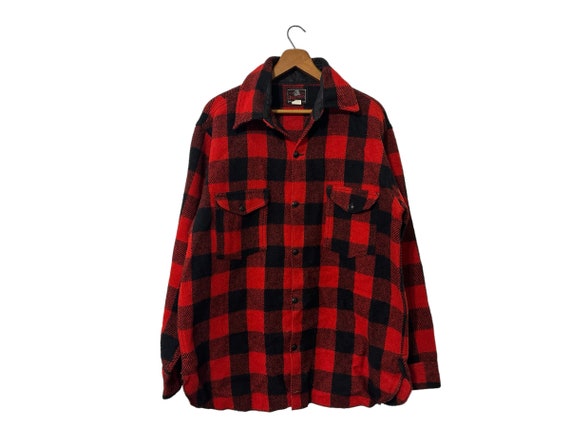 Johnsons Woolen Mills Thick Buffalo Plaid Wool CPO Flannel Shirt Heavy Vintage Red Black Button Down Long Sleeve Pockets Size 16 Men's Large