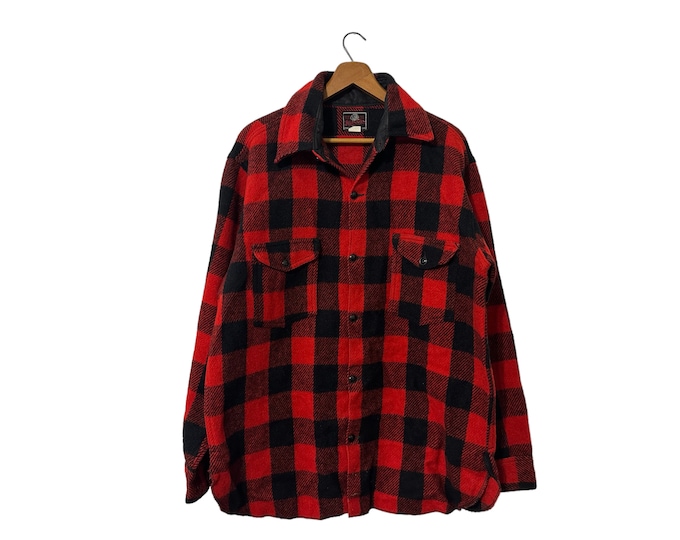 Johnsons Woolen Mills Thick Buffalo Plaid Wool CPO Flannel Shirt Heavy Vintage Red Black Button Down Long Sleeve Pockets Size 16 Men's Large