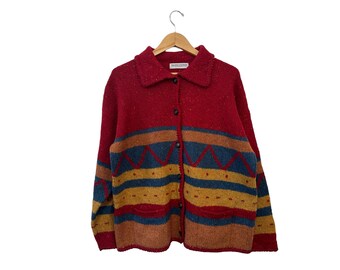 Vintage Valerie Stevens Southwestern Style Wool Cardigan Sweater Red Yellow Blue Collared Button Front Pockets Long Sleeve Womens Medium