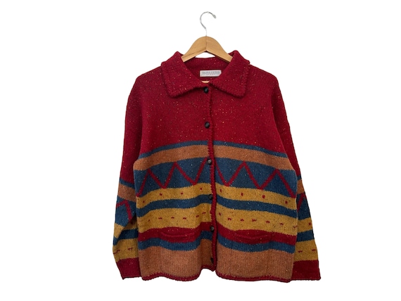 Vintage Valerie Stevens Southwestern Style Wool Cardigan Sweater Red Yellow Blue Collared Button Front Pockets Long Sleeve Womens Medium