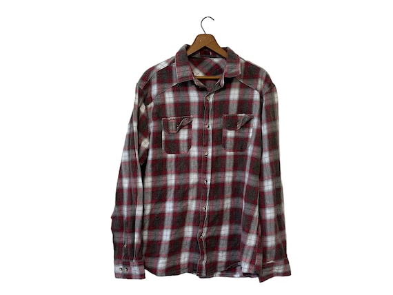 Heavily Faded & Worn Vintage Flannel Shirt Red Gray White Plaid Cotton Grunge Style Shirt with Bleach Spot Size Medium