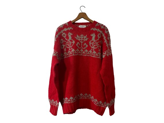 Hand Knitted Vintage Hackett London Pure New Wool Peacock Print Red and Gray Pullover Sweater Unisex Large