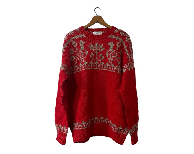 Hand Knitted Vintage Hackett London Pure New Wool Peacock Print Red and Gray Pullover Sweater Unisex Large