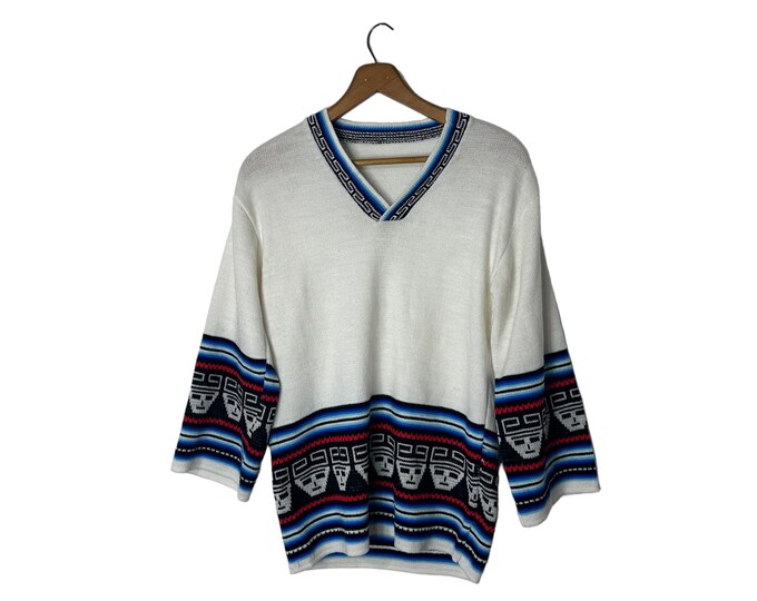 Vintage Aztec Tribal Patterned Bell Sleeve V-Neck Knit Pullover Thin Sweater Top White Vibrant Blues and Red Women's Small