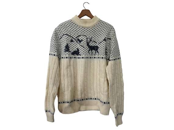 Vintage 70s Jantzen Sportswear Reindeer Pullover Sweater White Navy Blue Deer Print Unisex Large Made in USA