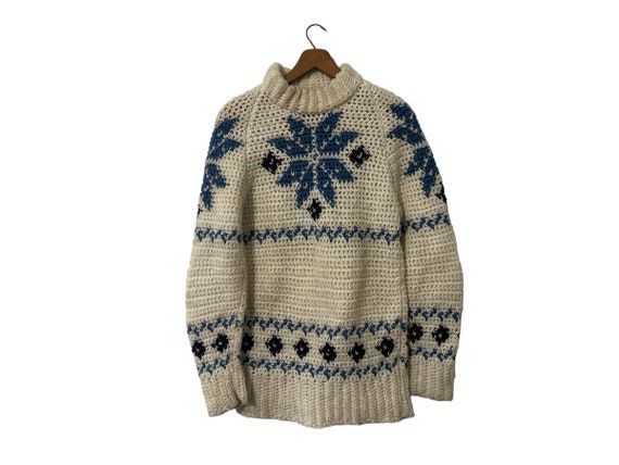 Vintage Crochet Acrylic Knit Snowflake Pullover Sweater Mock Neck White Blue Women's Small