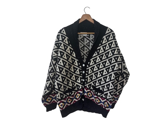 Womens Shawl Neck Cardigan Sweater Black White Patterened Triangle Print Geometric Oversized Size Small