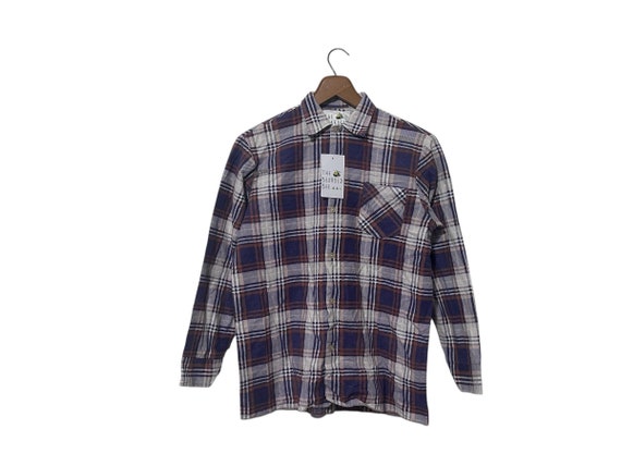 Vintage 80s Kids Flannel Boys Oversized Plaid Shirt Distressed Grunge with Repair