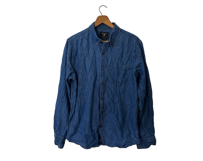 Vintage Denim Slim Fit Light Weight Button Down Long Sleeve Shirt with Single Pocket Size Medium Large