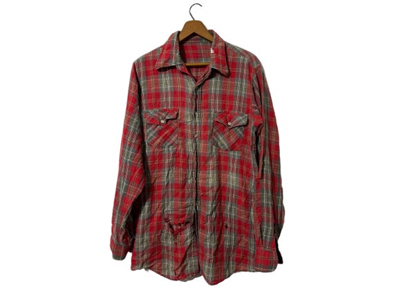 Vintage Distressed 80s 90s Kurt Kobain Flannel Shirt Long Sleeve Red & Gray with Chest Pockets and Frayed Holes