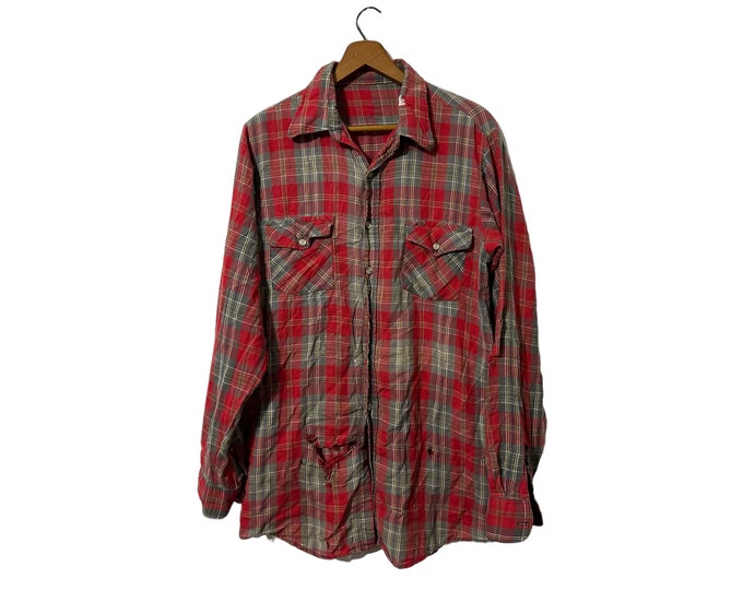 Vintage Distressed 80s 90s Kurt Kobain Flannel Shirt Long Sleeve Red & Gray with Chest Pockets and Frayed Holes