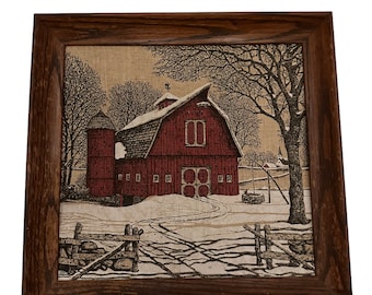 Vintage Framed Farm House Painting on Embroidered Canvas Fabric Red Barn in Snow Scenic Wall Art Farmhouse Wooden Picture Frame