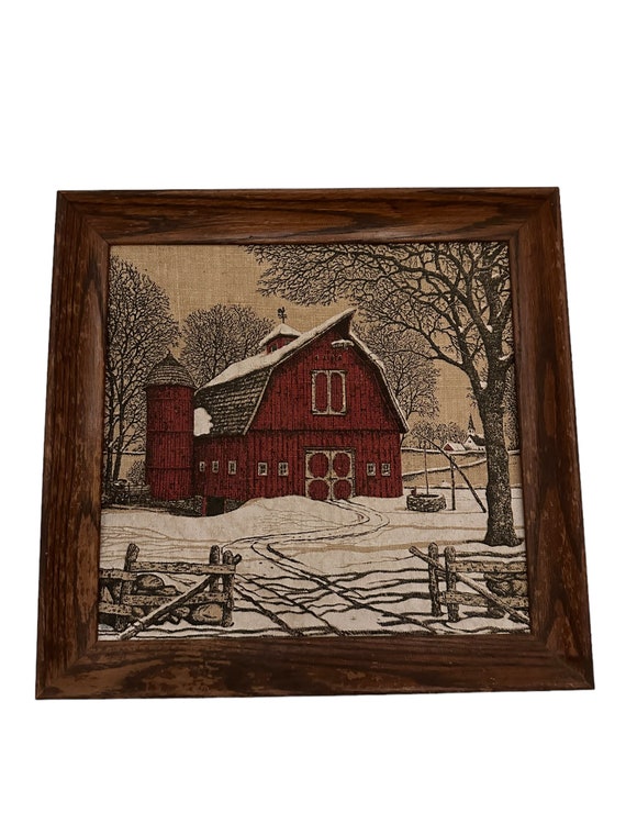 Vintage Framed Farm House Painting on Embroidered Canvas Fabric Red Barn in Snow Scenic Wall Art Farmhouse Wooden Picture Frame