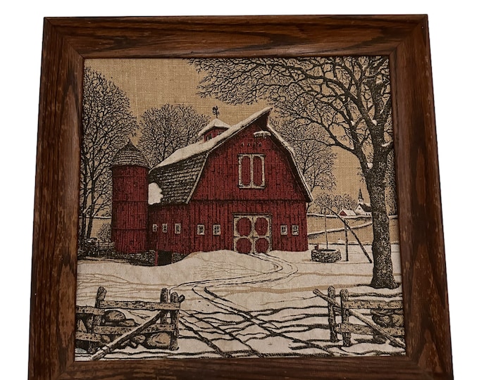 Vintage Framed Farm House Painting on Embroidered Canvas Fabric Red Barn in Snow Scenic Wall Art Farmhouse Wooden Picture Frame