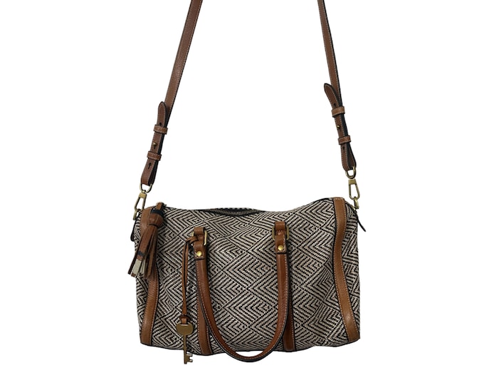 Fossil Crossbody Purse Herringbone Chevron Print with Leather Tan & Black Tassle and Key Dongles