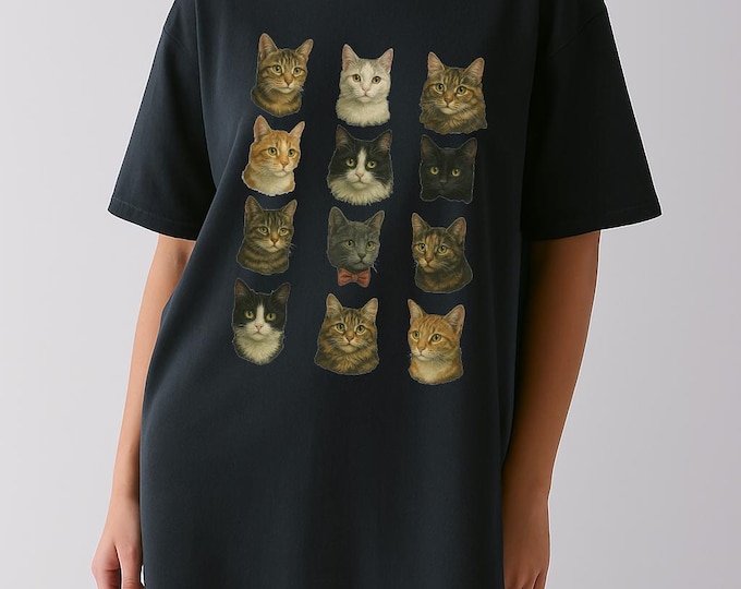 The Many Faces of Cats Black Oversized Graphic T-shirt Unisex Adult Men Women Long Length Tee
