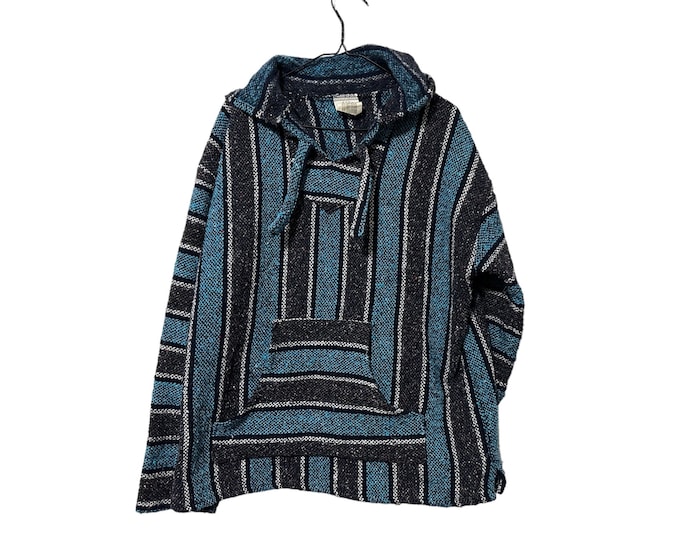 Vintage Blue Baja Hoodie Vintage Pullover Hooded Southwestern Sweatshirt Size XL Made in Mexico