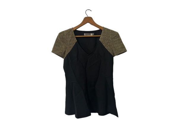 Black & Gold Plume Flare Shirt Zip Side Metallic Short Sleeve Blouse Shoulder Pads Women's Medium