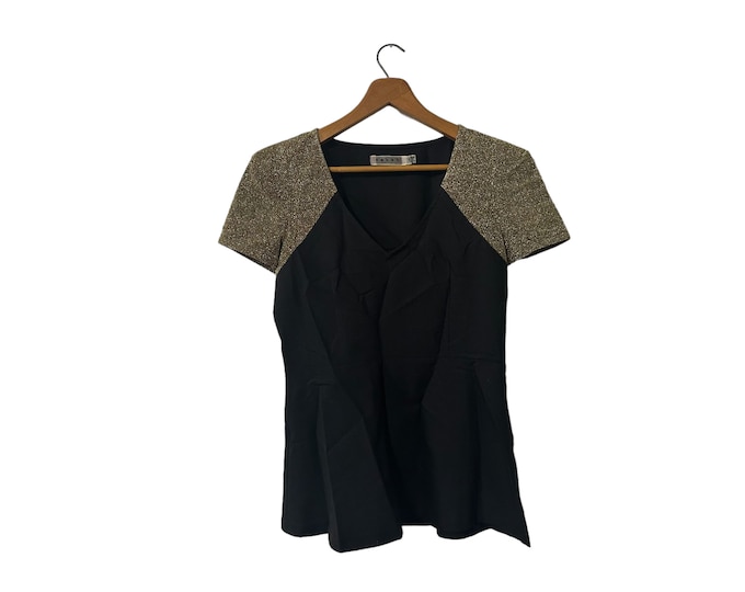 Black & Gold Peplum Flare Shirt Zip Side Metallic Short Sleeve Blouse Plume Top Women's Medium