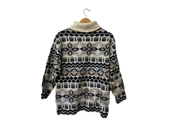 Vintage Turtleneck Fair Isle Pullover Ski Sweater White Brown Blue by Servato Women's Large Acrylic Patterned Winter Sweater