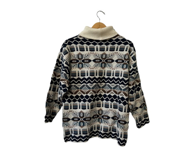 Vintage Turtleneck Fair Isle Pullover Ski Sweater White Brown Blue by Servato Women's Large Acrylic Patterned Winter Sweater