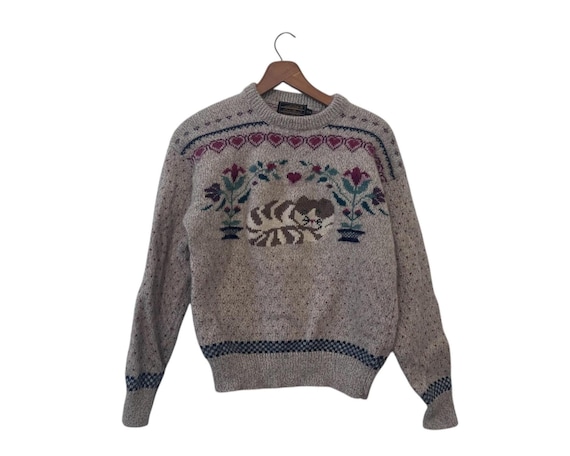 Vintage Cat Sweater Floral Hearts Kitty Cat Kitten Pattern Womens Wool Blend Eddie Bauer Size Medium with Defects