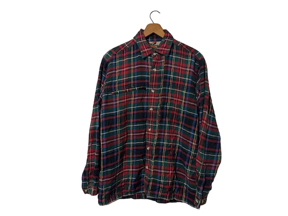 Vintage Boston Traders Plaid Cotton Flannel Shirt Red Green Blue Yellow Button Down Long Sleeve Zip Pocket Oversized Small