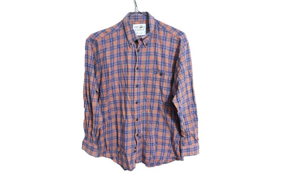 Vintage Waffle Cotton Flannel Shirt Orange Blue Size Medium