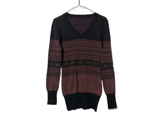 Long Womens Sweater for Leggings Fair Isle Pattern V Neck Burgundy Black Pullover XS