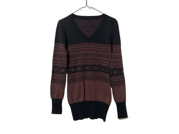 Long Womens Sweater for Leggings Fair Isle Pattern V Neck Burgundy Black Pullover XS