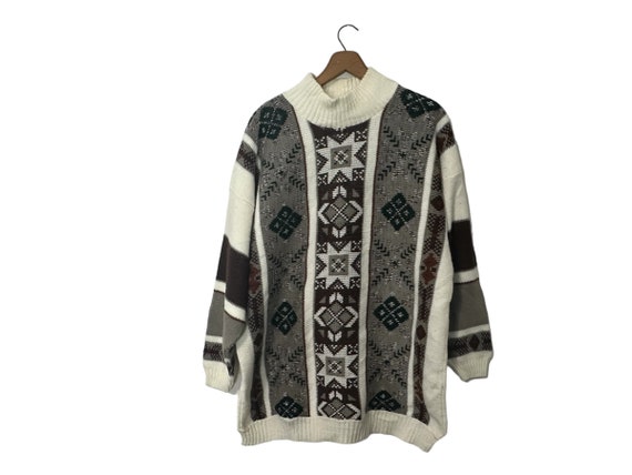 80s Winter Print Vintage Style Knit Pullover Ski Lodge Sweater Mock Neck Long Sleeve White Brown Sienna Burnt Orange Green Women's Large