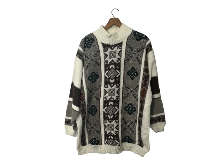 80s Winter Print Vintage Style Knit Pullover Ski Lodge Sweater Mock Neck Long Sleeve White Brown Sienna Burnt Orange Green Women's Large