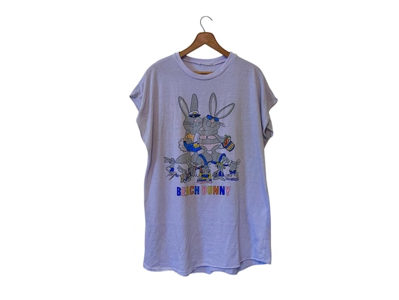 80's Beach Bunny Cartoon Night Shirt Sleeping Gown Sleeveless Vintage Summer Nightgown One Size