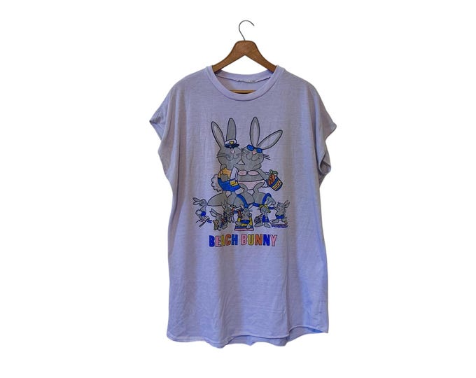 80's Beach Bunny Cartoon Night Shirt Sleeping Gown Sleeveless Vintage Summer Nightgown One Size