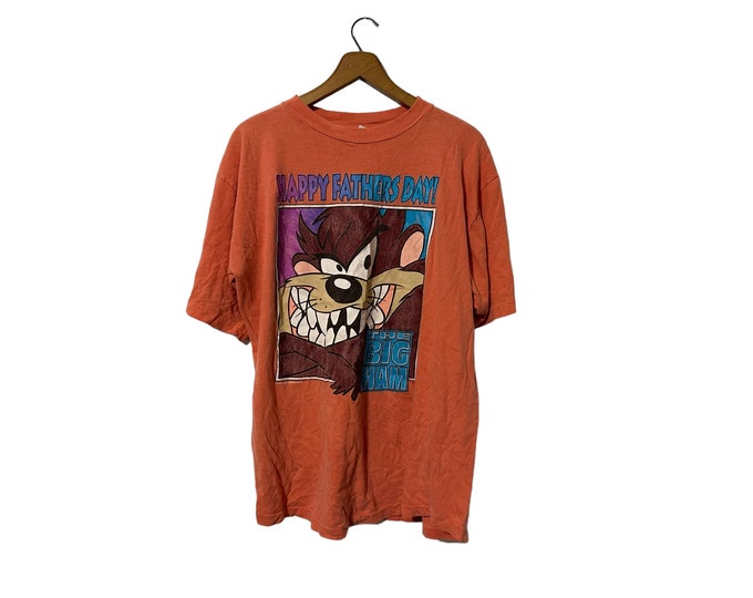 1993 Taz Tasmanian Devil The Big Ham Happy Father's Day Dad Coral Orange T-Shirt Shortsleeve Graphic Print Warner Bros Looney Tunes Large