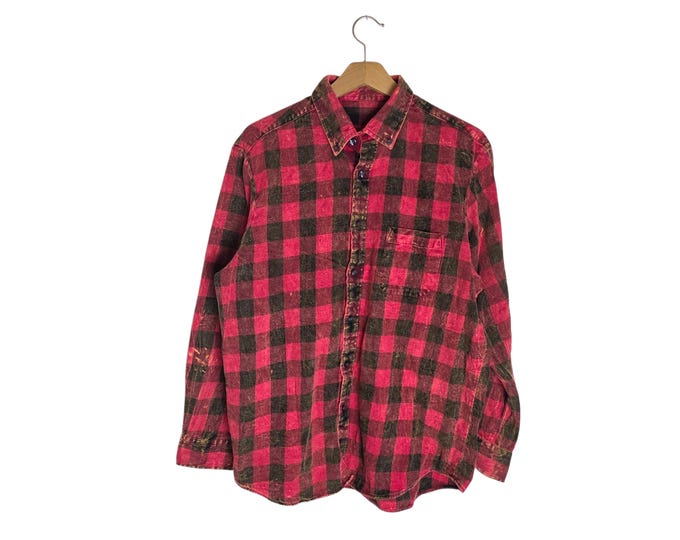 Acid Washed Soft Faded Flannel Shirt Red Black Buffalo Plaid Checkered Size Large
