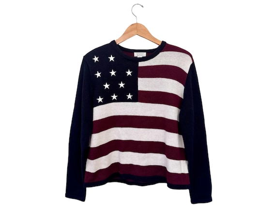 Vintage American Flag Sweater Lana Del Rey Inspired Dark Red Burgundy Navy White Cotton Knit Christopher & Banks Womens Size XL Americana