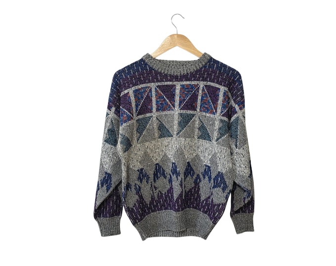 Vintage 90s Geometric Acrylic Pullover Sweater Gray Purple Blue Abstract Design Size Large Unisex