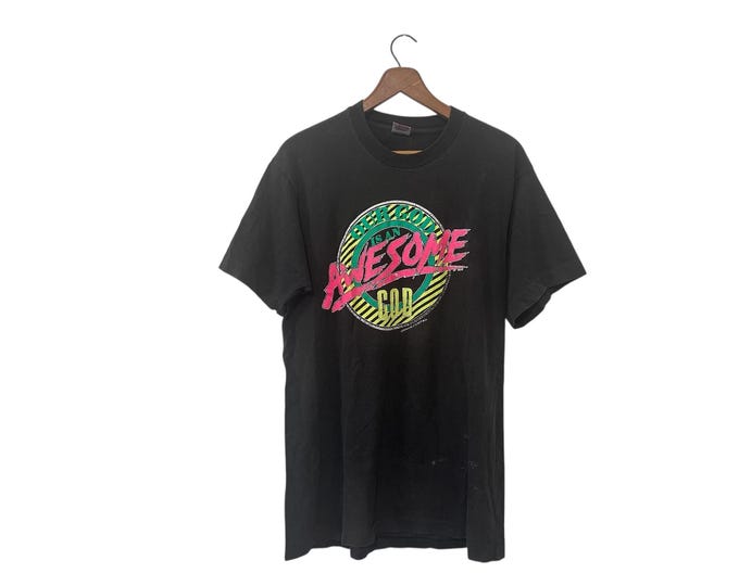 Vintage 90s Our God is an Awesome God Christian T-shirt Black & Neon Text Size Large - Distressed