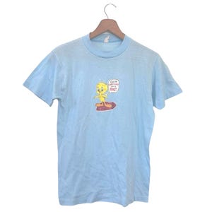 1981 80s Tweety Bird T-shirt Vintage I&#39;ll Do Anything for a Hug Glitter Decal Light Blue Size Small or XS
