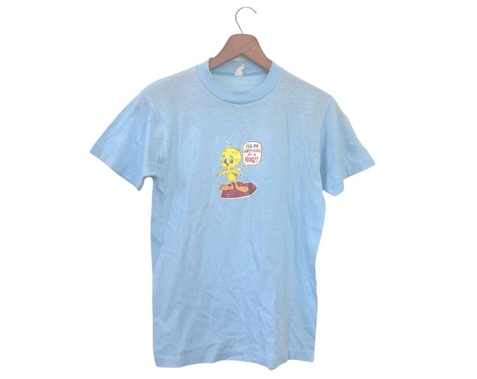 1981 80s Tweety Bird T-shirt Vintage I'll Do Anything for a Hug Glitter Decal Light Blue Size Small or XS
