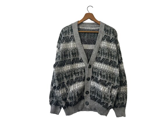 Vintage Alpaca Cardigan Gray White Black Grayscale Print