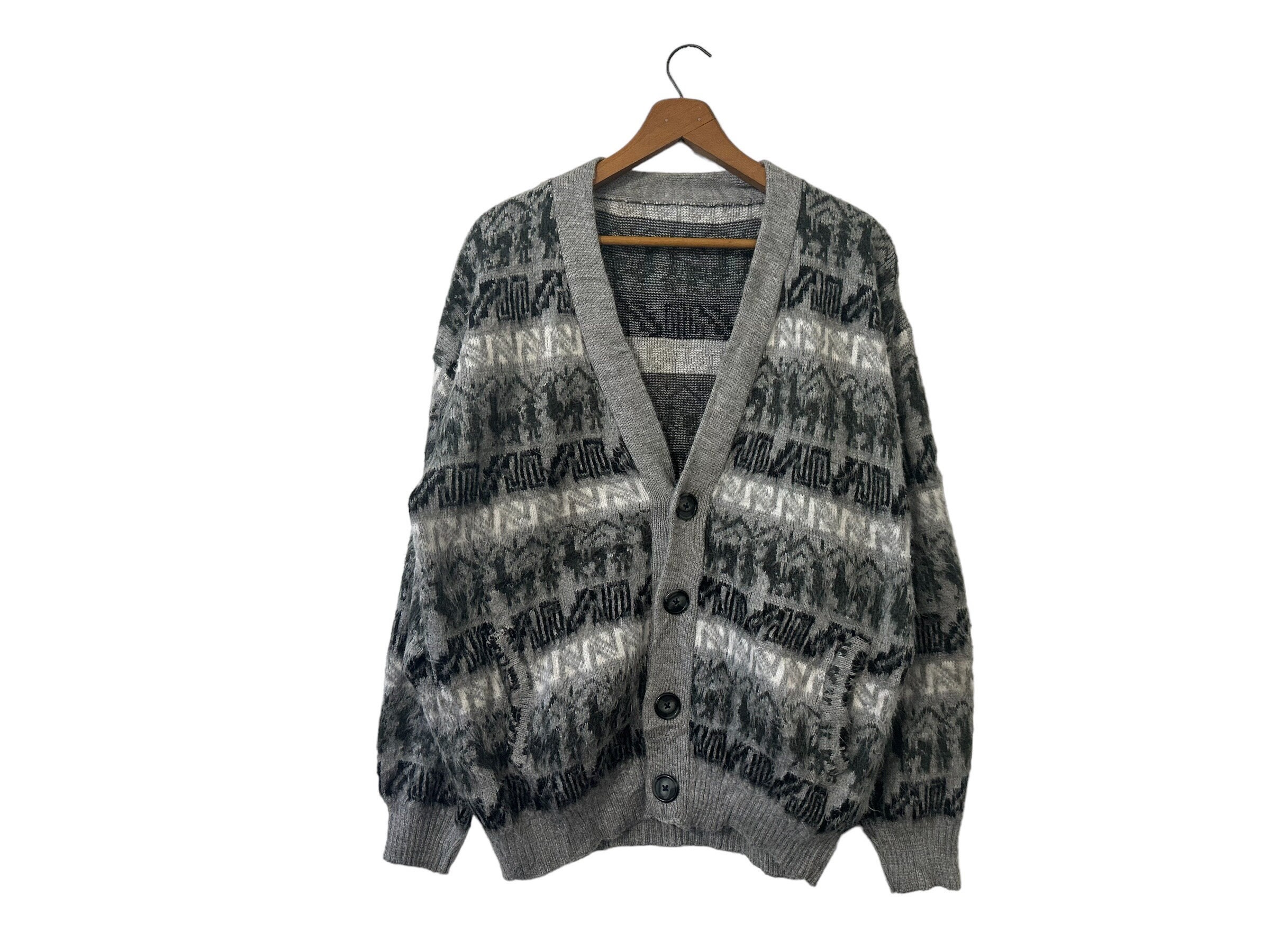 Vintage Alpaca Cardigan Gray White Black Grayscale Print